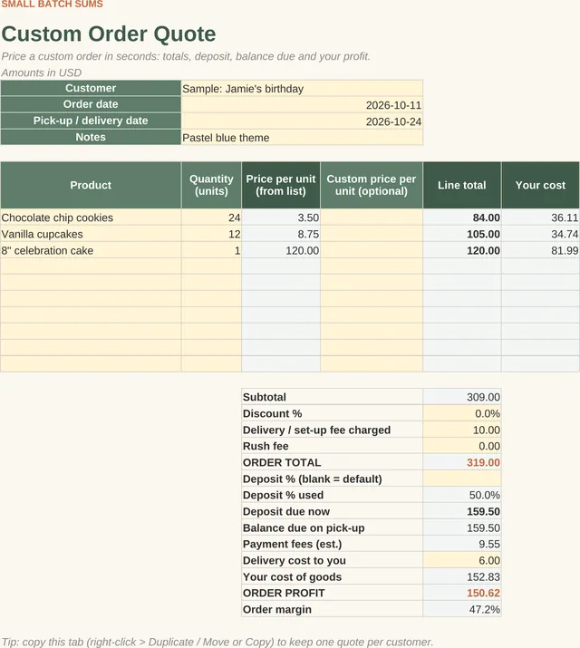 Home Bakery Pricing & Profit Calculator: Order quote tab, screenshot of the spreadsheet with sample data