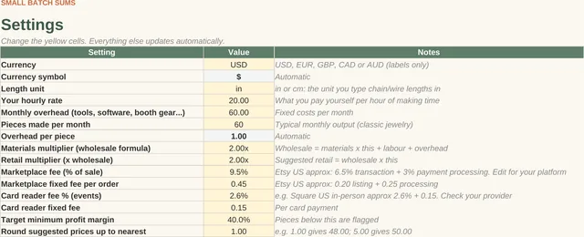 Jewelry + Permanent Jewelry Pricing Calculator: Settings tab, screenshot of the spreadsheet with sample data